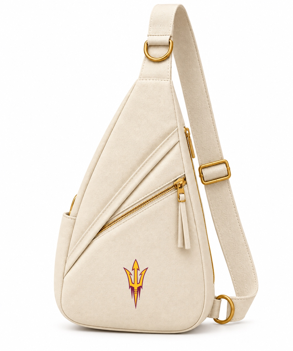 Honey Sling: Arizona State University cream sling bag with maroon and gold pitchfork and gold hardware
