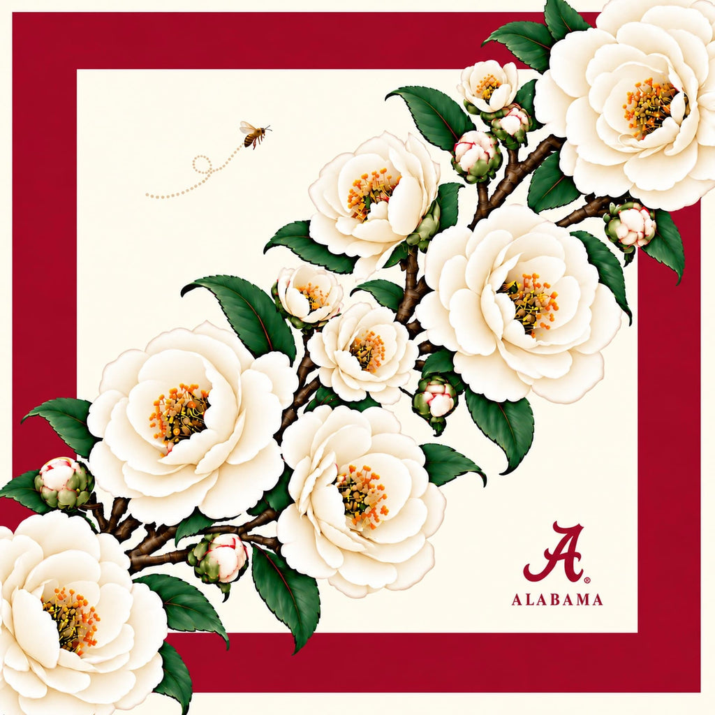 Honey Scarf Alabama artwork: white camellias, honeybee and crimson script A on ivory silk twill