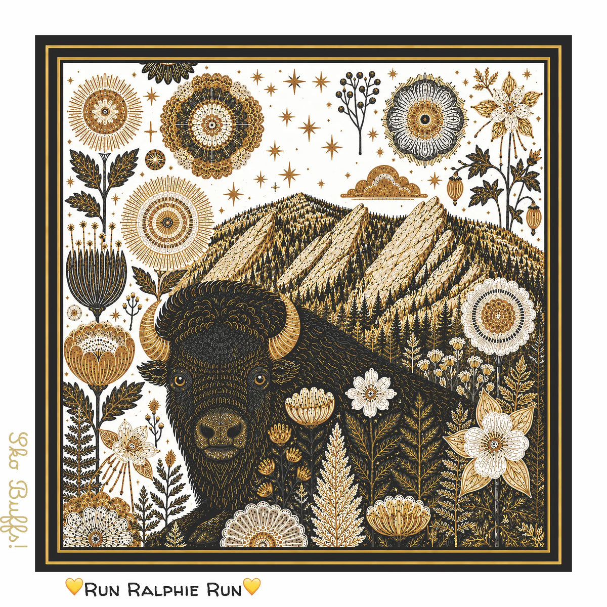 Honey Square University of Colorado Boulder bandana with buffalo, Flatirons, gold folk florals, Sko Buffs and Run Ralphie Run