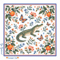 Honey Square: University of Florida — white cotton voile bandana with orange blossoms, citrus, butterflies, an alligator and Go Gators / Chomp On script, bordered in Gator blue and orange