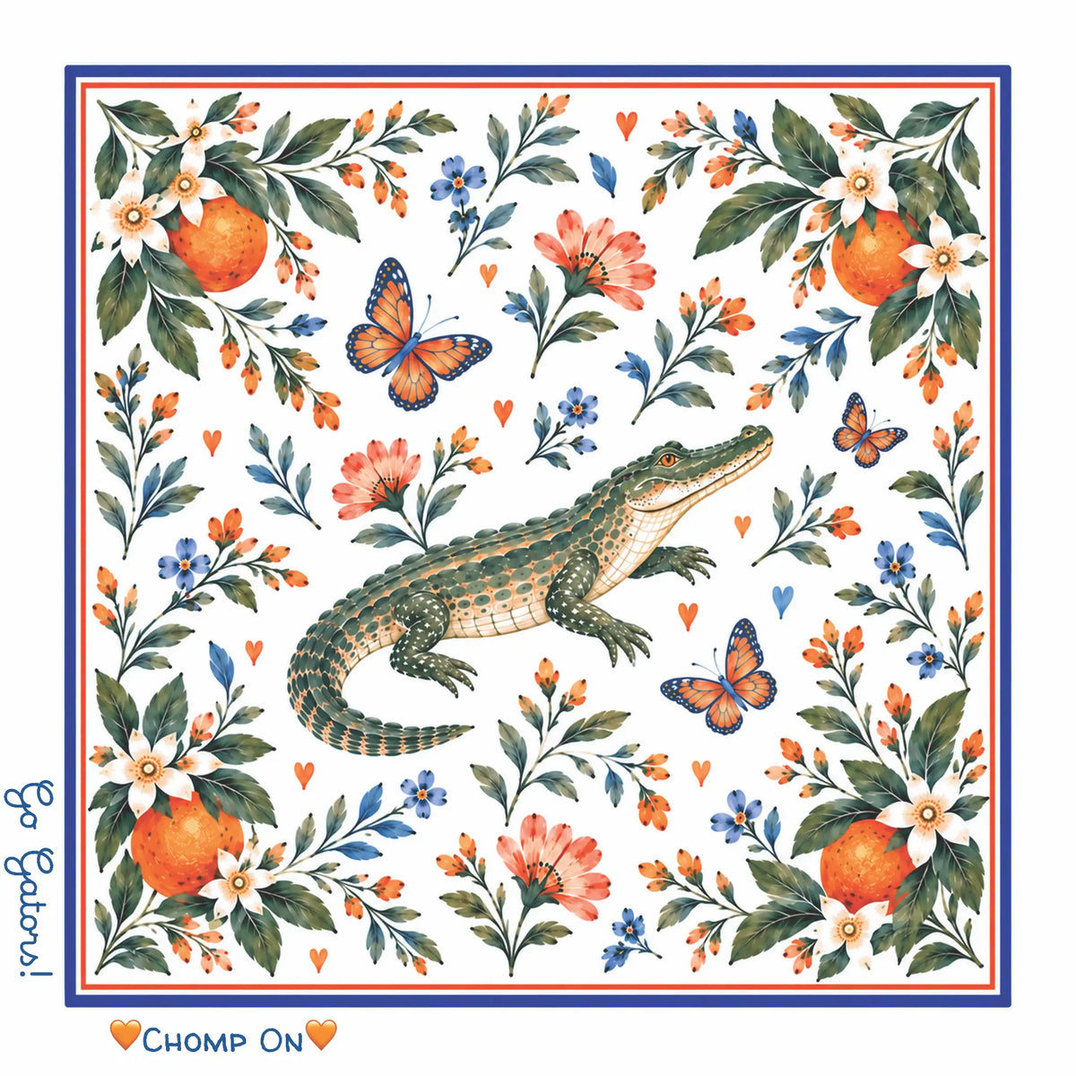Honey Square: University of Florida — white cotton voile bandana with orange blossoms, citrus, butterflies, an alligator and Go Gators / Chomp On script, bordered in Gator blue and orange