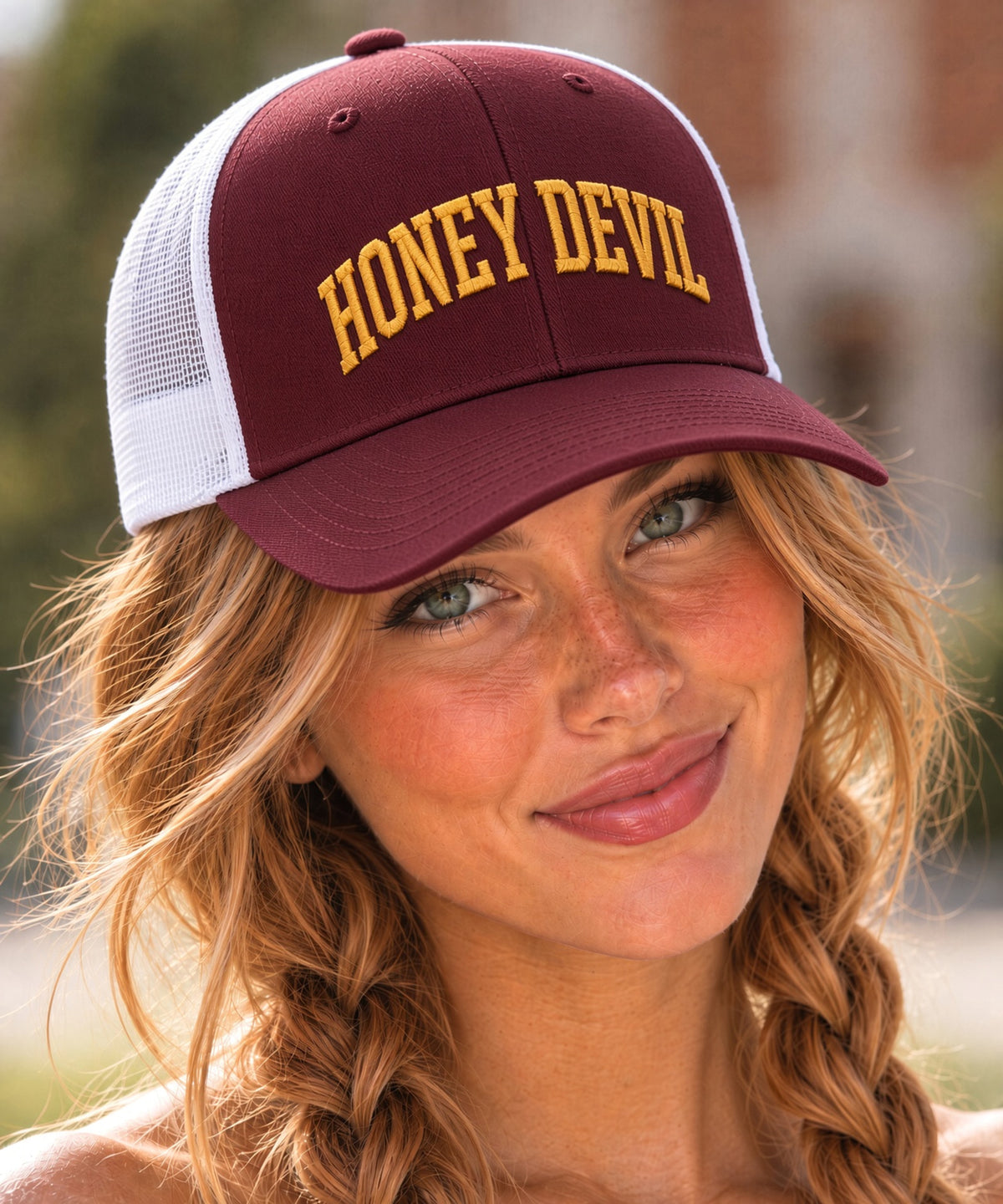 Arizona State Honey Lid maroon and white Richardson 115 trucker with gold HONEY DEVIL embroidery worn on model