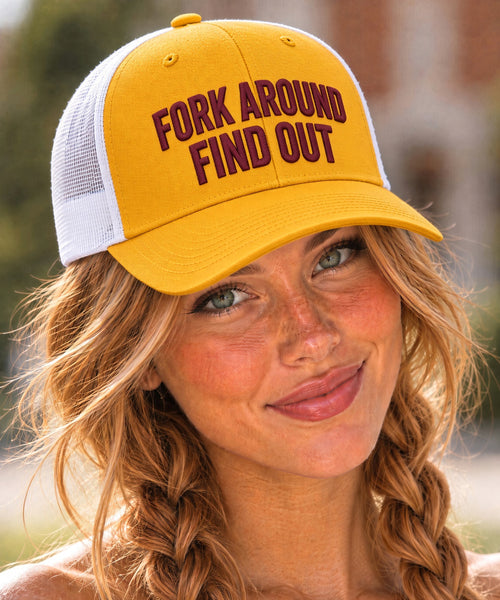 Arizona State Honey Lid gold and white Richardson 115 trucker with maroon FORK AROUND FIND OUT embroidery worn on model