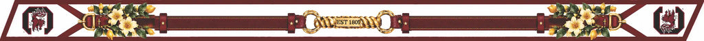 b.Honey Ribbon University of South Carolina artwork: garnet strap, gold EST 1801 bit, magnolia and jessamine bouquets, Gamecock tips