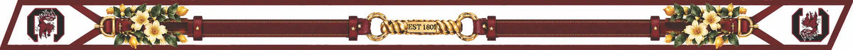 b.Honey Ribbon University of South Carolina artwork: garnet strap, gold EST 1801 bit, magnolia and jessamine bouquets, Gamecock tips