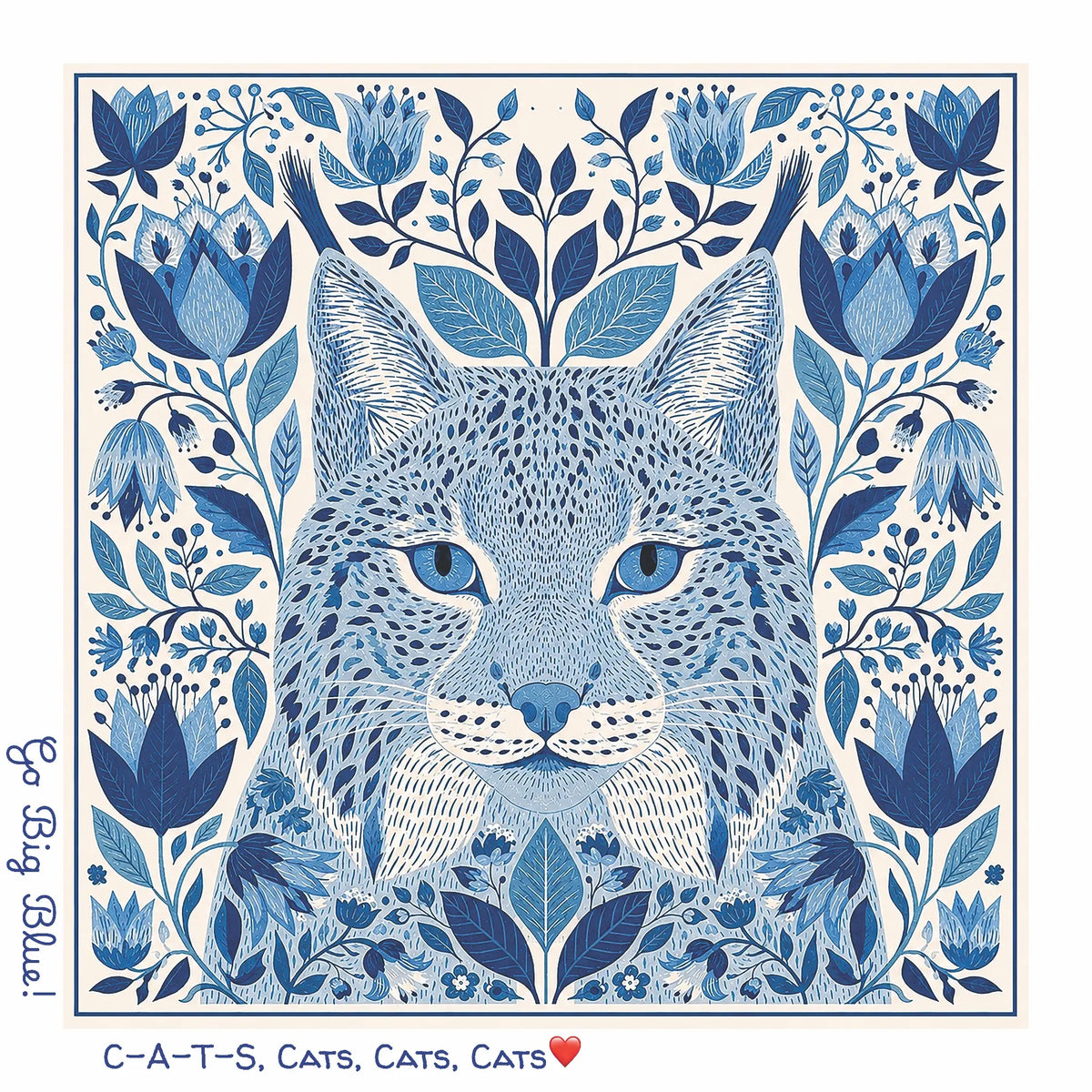 The Honey Square University of Kentucky cotton voile bandana with folk-art wildcat in Kentucky blue