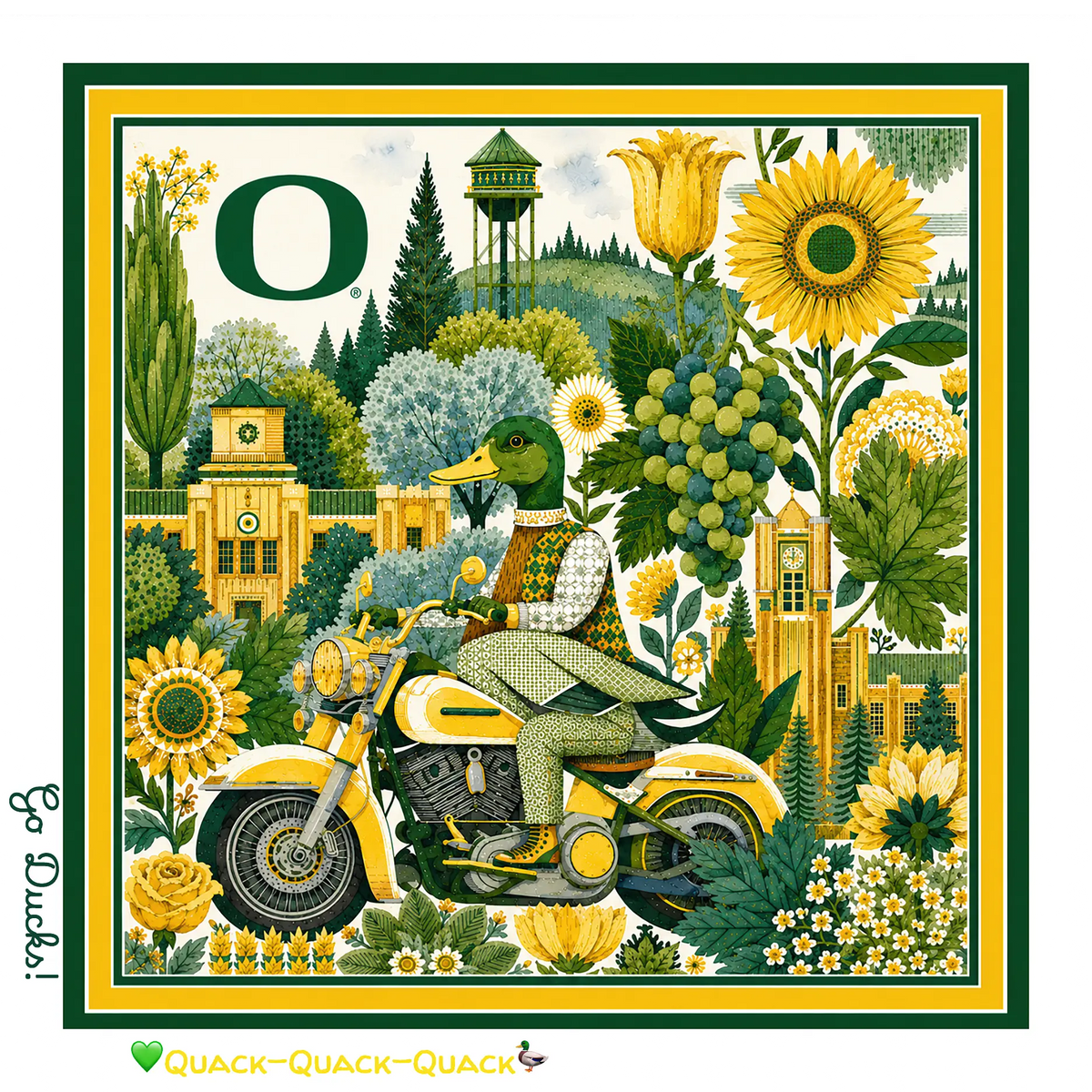 The Honey Square University of Oregon 26 inch cotton voile bandana with green and yellow Ducks floral design