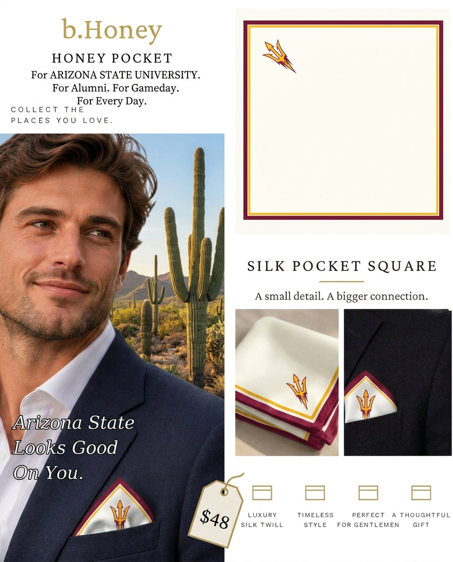Arizona State Honey Pocket product board, male model with the pocket square folded in a navy jacket, $48