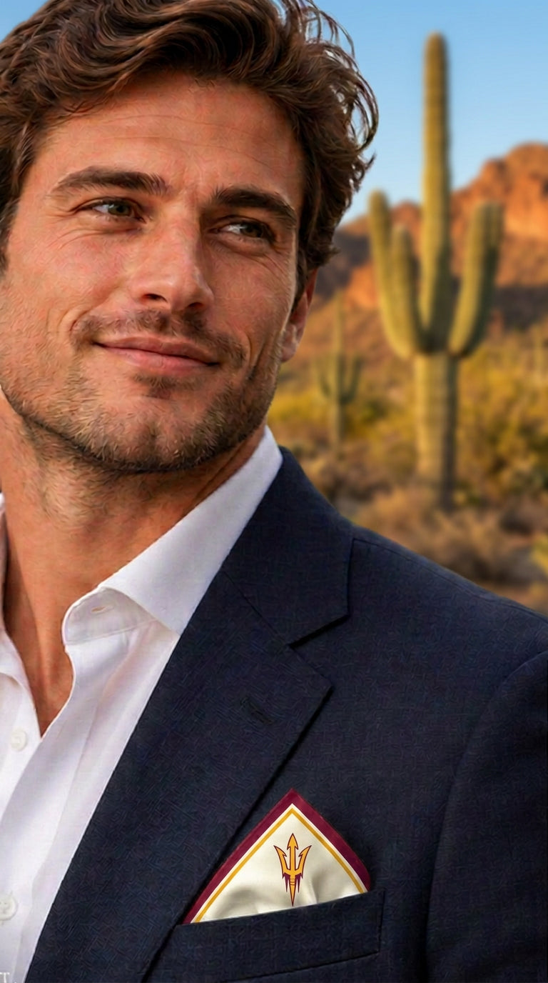 Male model wearing the Arizona State Honey Pocket in a navy jacket, saguaro desert behind him
