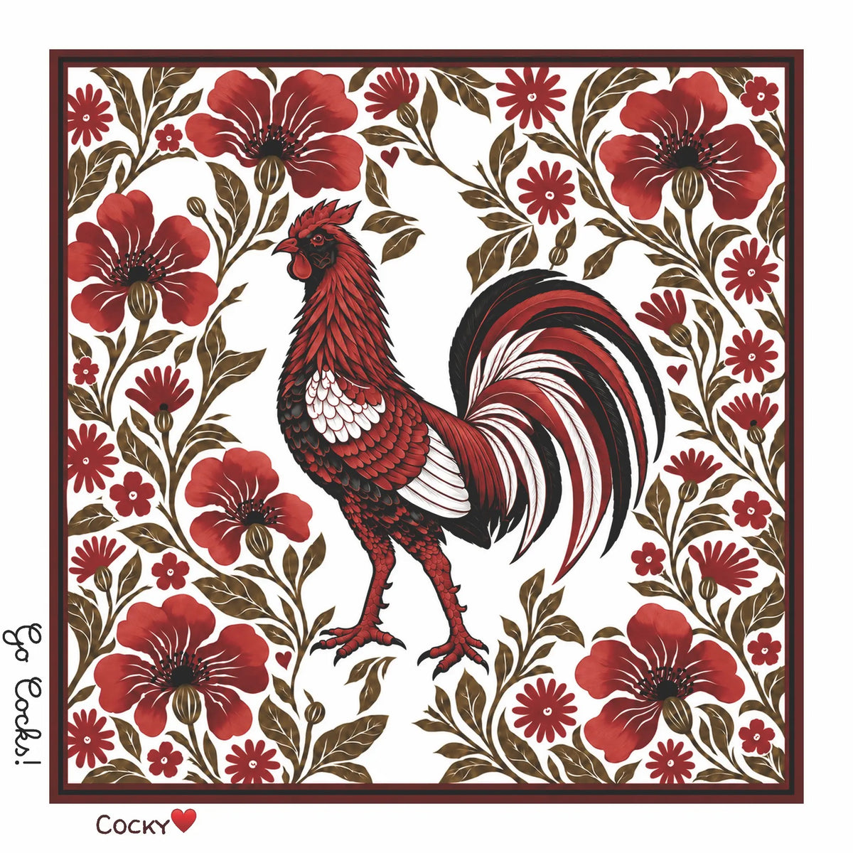 b.Honey Square University of South Carolina artwork: garnet border, red florals and Gamecock rooster, Go Cocks! and Cocky