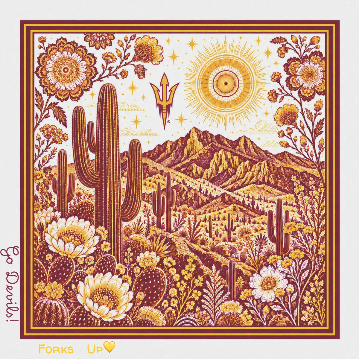 b.Honey Square™ Arizona State University — saguaro desert, gold sun and pitchfork mark in a maroon and gold border