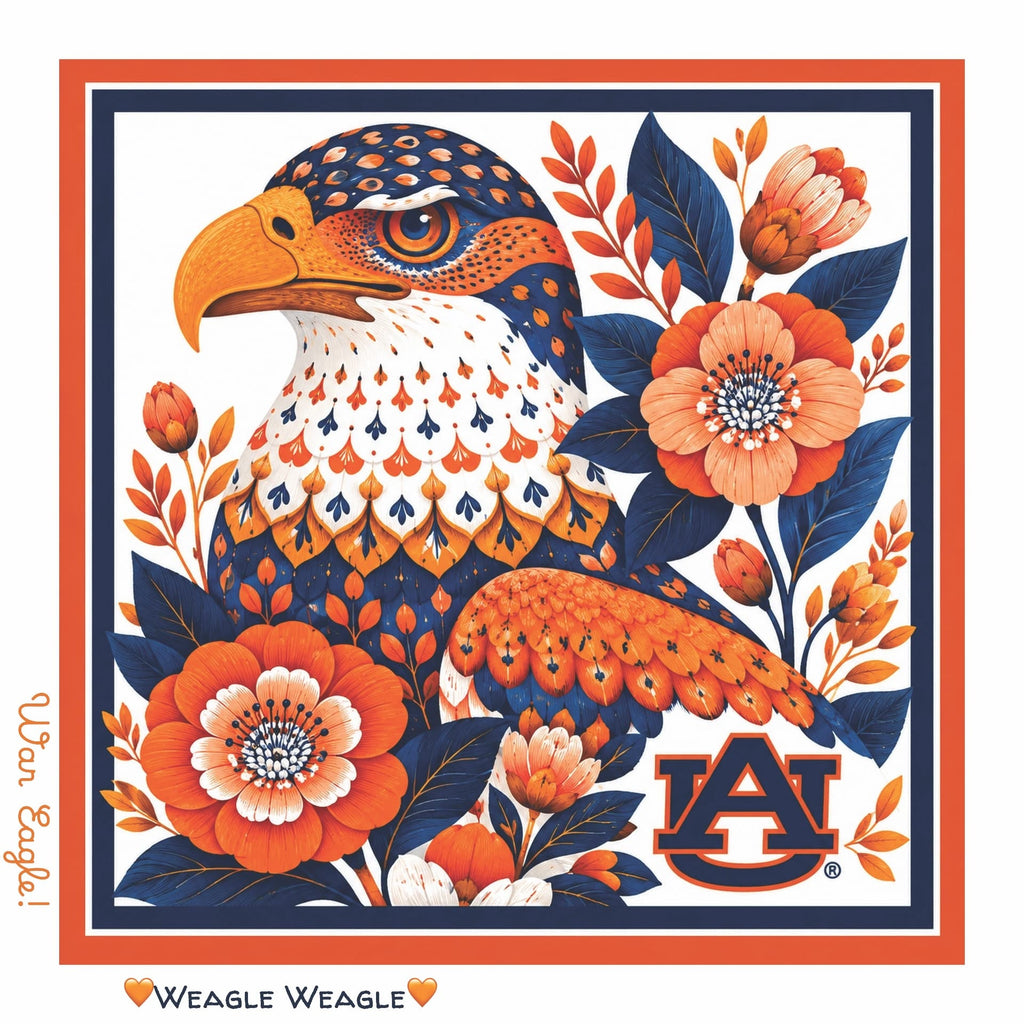 b.Honey Square: Auburn University — flat cotton voile artwork with eagle, flowers and AU mark