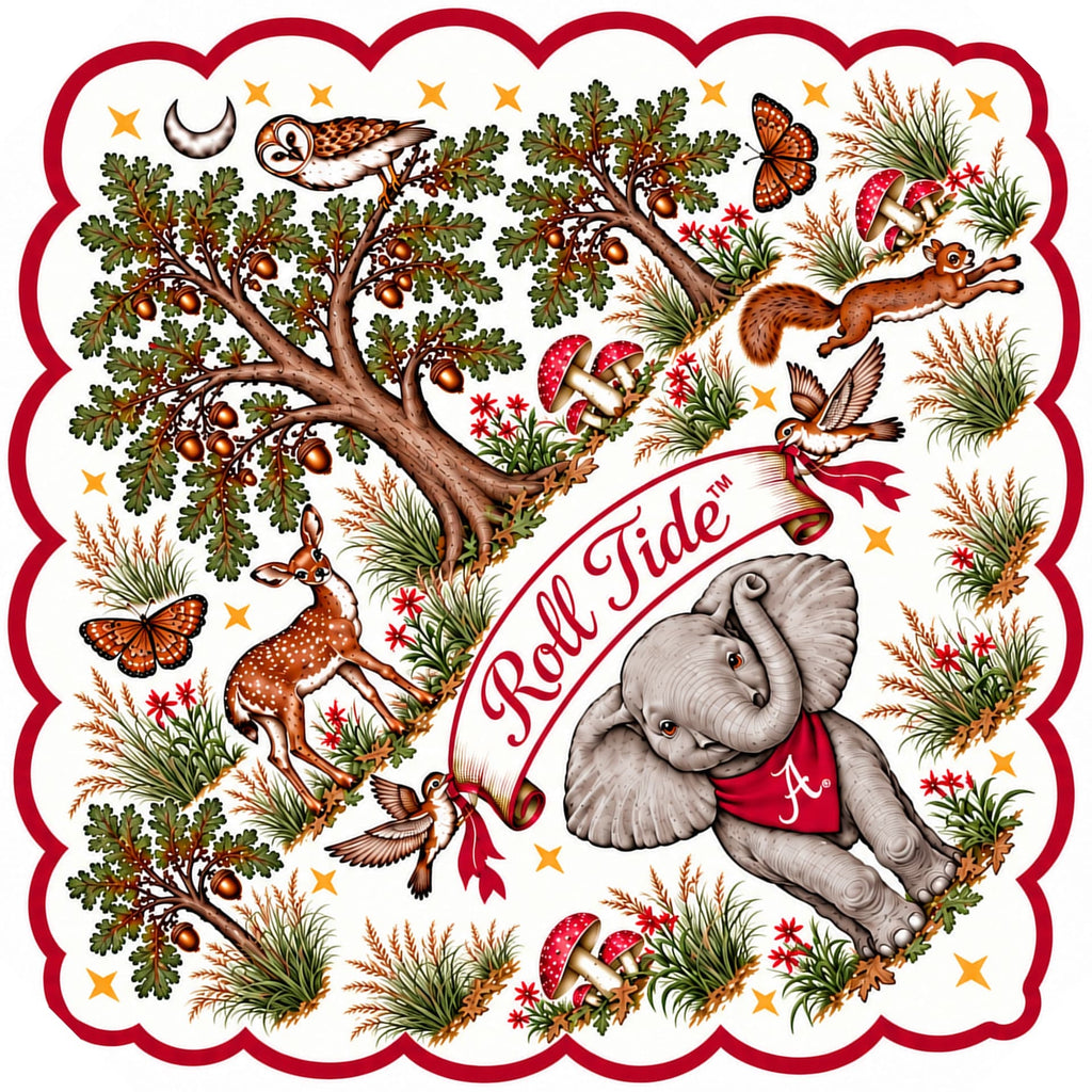 b.Honey Paw™ University of Alabama — woodland dog bandana with a baby elephant in a crimson A bandana, Roll Tide banner, oak trees, deer and squirrel, crimson scalloped edge