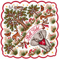 b.Honey Paw™ University of Alabama — woodland dog bandana with a baby elephant in a crimson A bandana, Roll Tide banner, oak trees, deer and squirrel, crimson scalloped edge