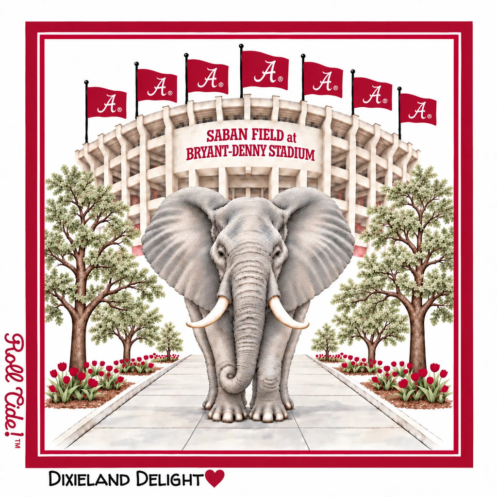 b.Honey Square™ University of Alabama — elephant on a walkway before Saban Field at Bryant-Denny Stadium with crimson A flags