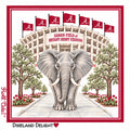 b.Honey Square™ University of Alabama — elephant on a walkway before Saban Field at Bryant-Denny Stadium with crimson A flags