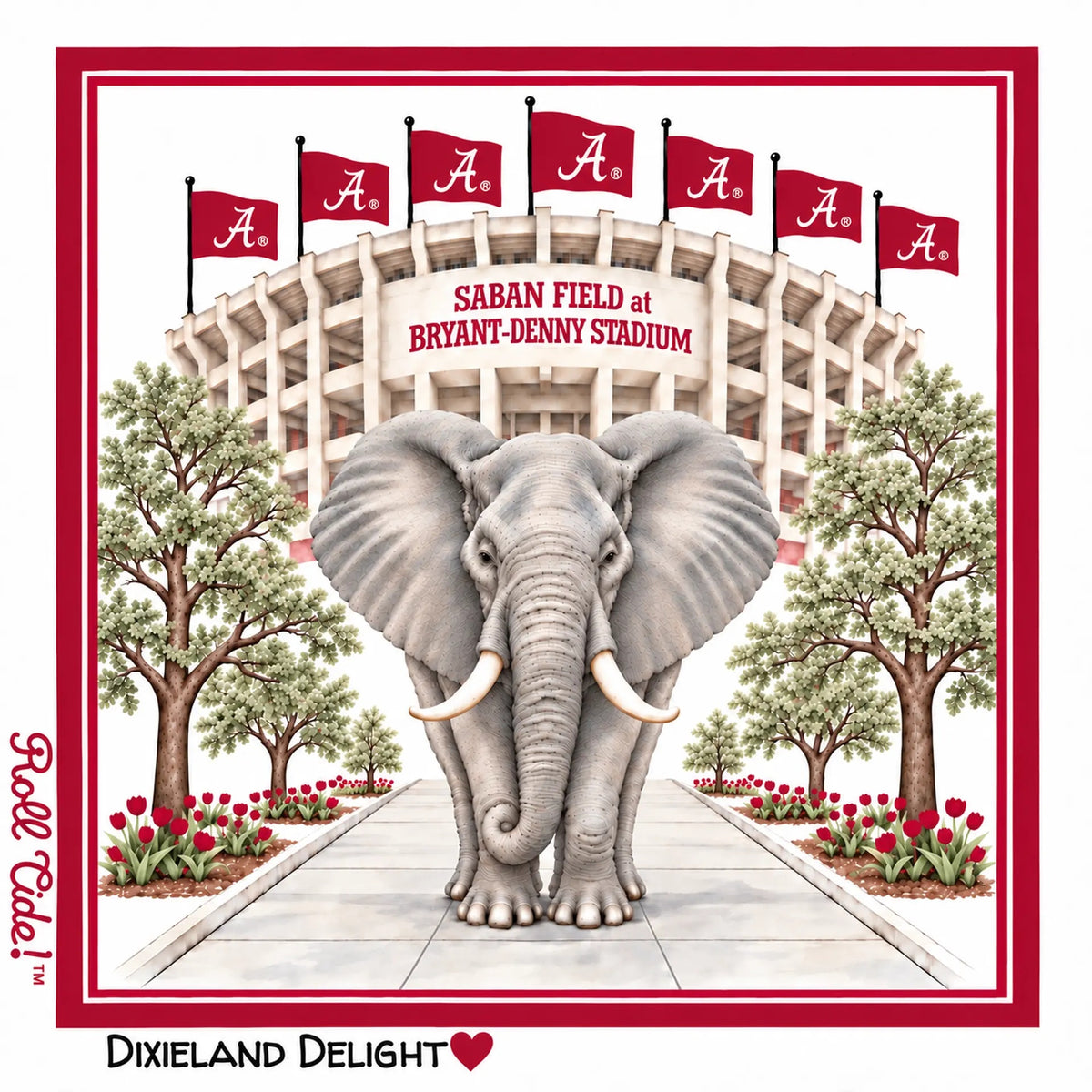 b.Honey Square™ University of Alabama — elephant on a walkway before Saban Field at Bryant-Denny Stadium with crimson A flags