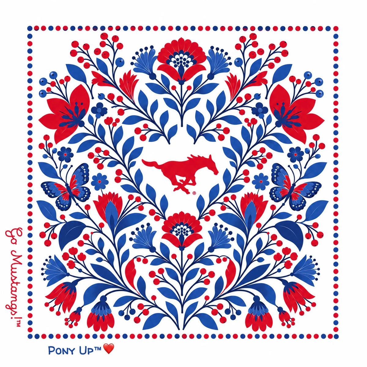 b.Honey Square Southern Methodist University: red and royal blue folk florals, butterflies, Mustang, dotted border, Go Mustangs! and Pony Up