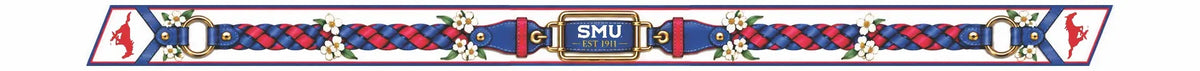 b.Honey Ribbon Southern Methodist University full design: navy and red braid, dogwoods, gold rings, SMU EST 1911 plaque, Mustang tips
