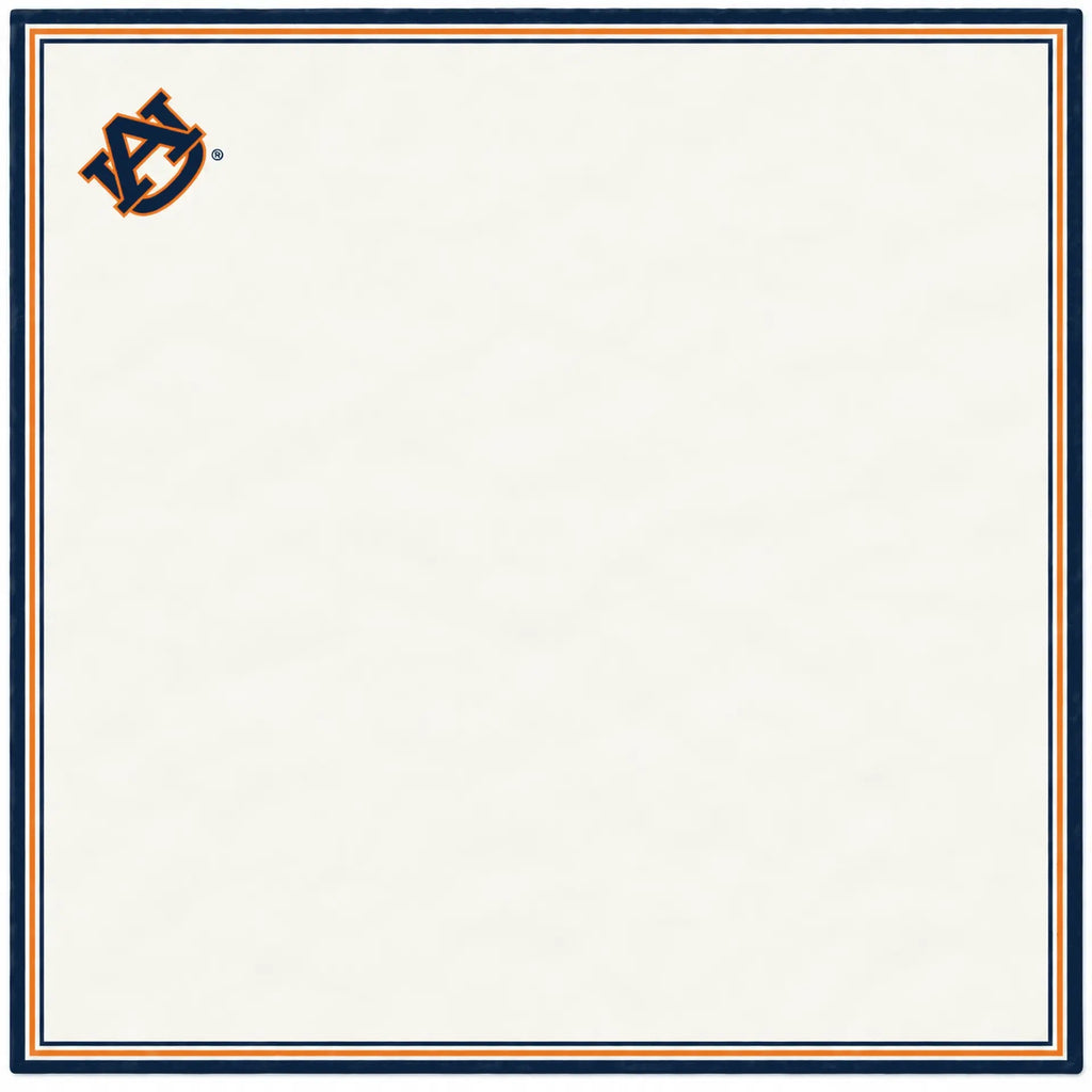 Auburn b.Honey Pocket flat silk square: cream center, navy border, orange and navy stripes, AU mark in the top left corner