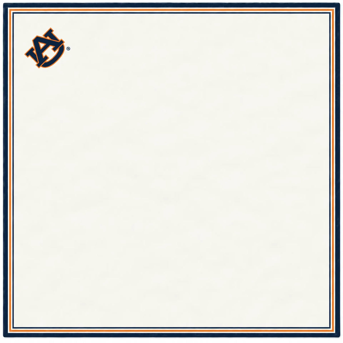 Auburn b.Honey Pocket flat silk square: cream center, navy border, orange and navy stripes, AU mark in the top left corner