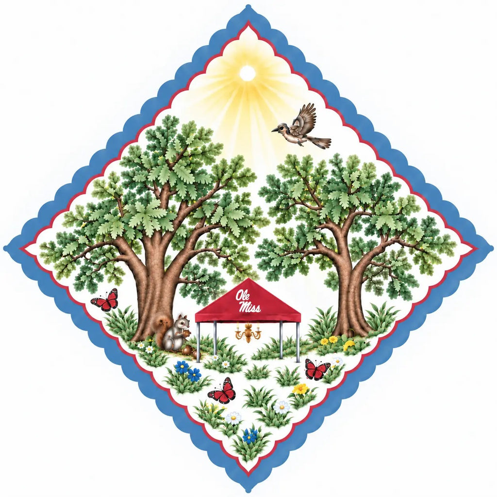 b.Honey Paw University of Mississippi design: Grove oaks, red Ole Miss tent, squirrel, butterflies, blue scalloped edge