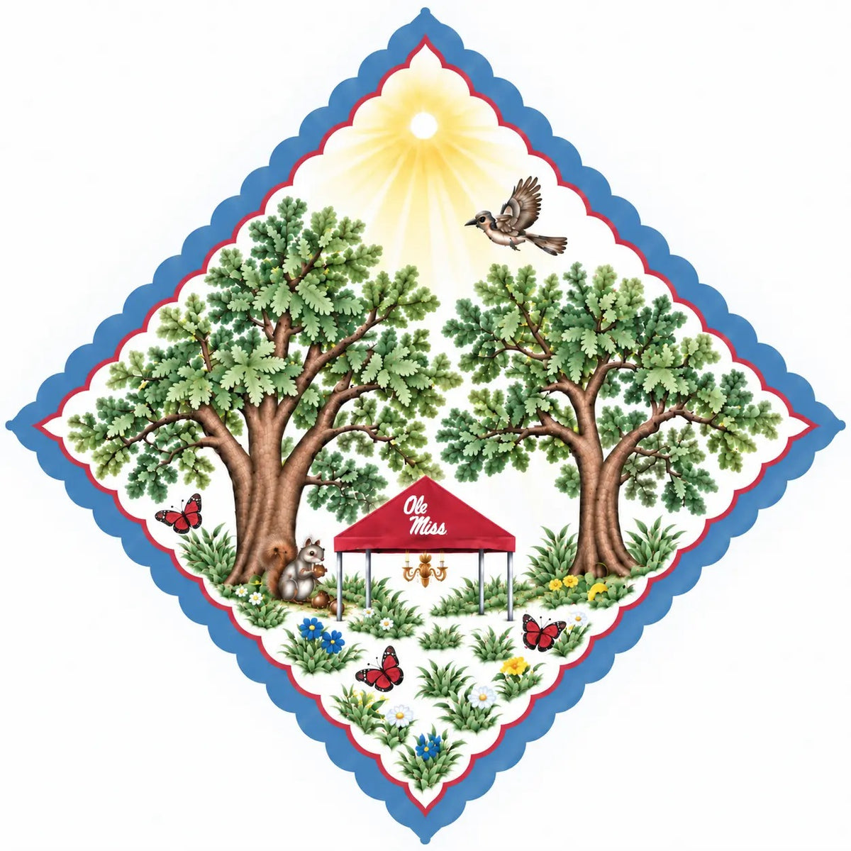 b.Honey Paw University of Mississippi design: Grove oaks, red Ole Miss tent, squirrel, butterflies, blue scalloped edge