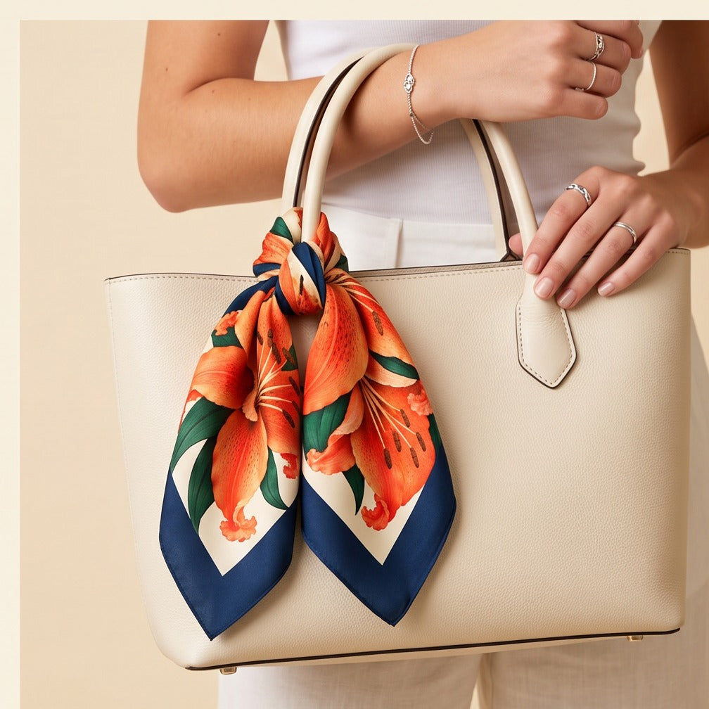 Auburn b.Honey Scarf knotted on a tote