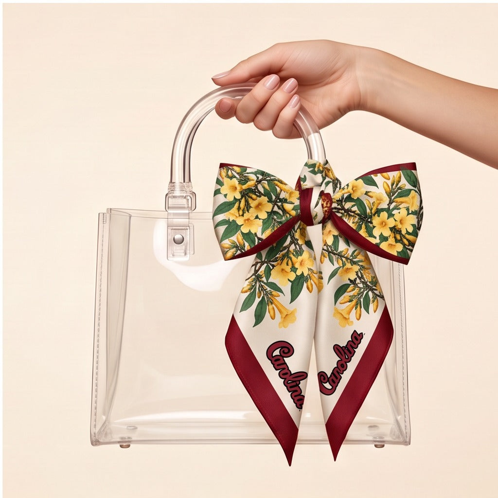 South Carolina b.Honey Scarf tied on a clear lucite bag