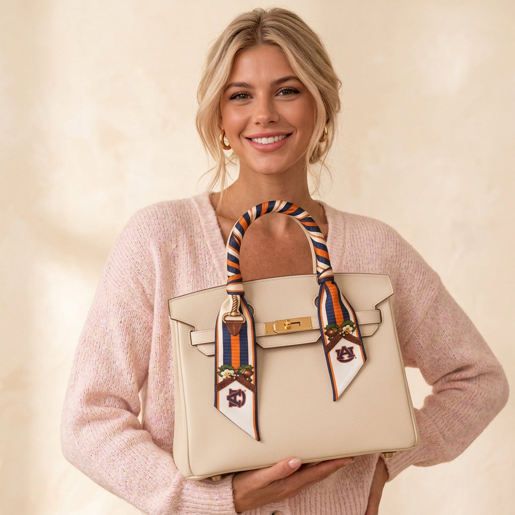 Model holding a bag with the Auburn Ribbon on the handle