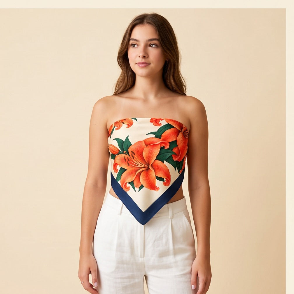 Auburn b.Honey Scarf worn as a triangular bandeau