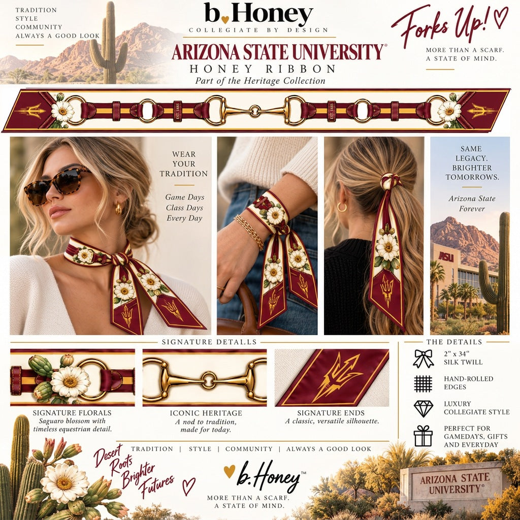 Arizona State Honey Ribbon Heritage Collection product board — neck, wrist and ponytail styling, Est. 1885
