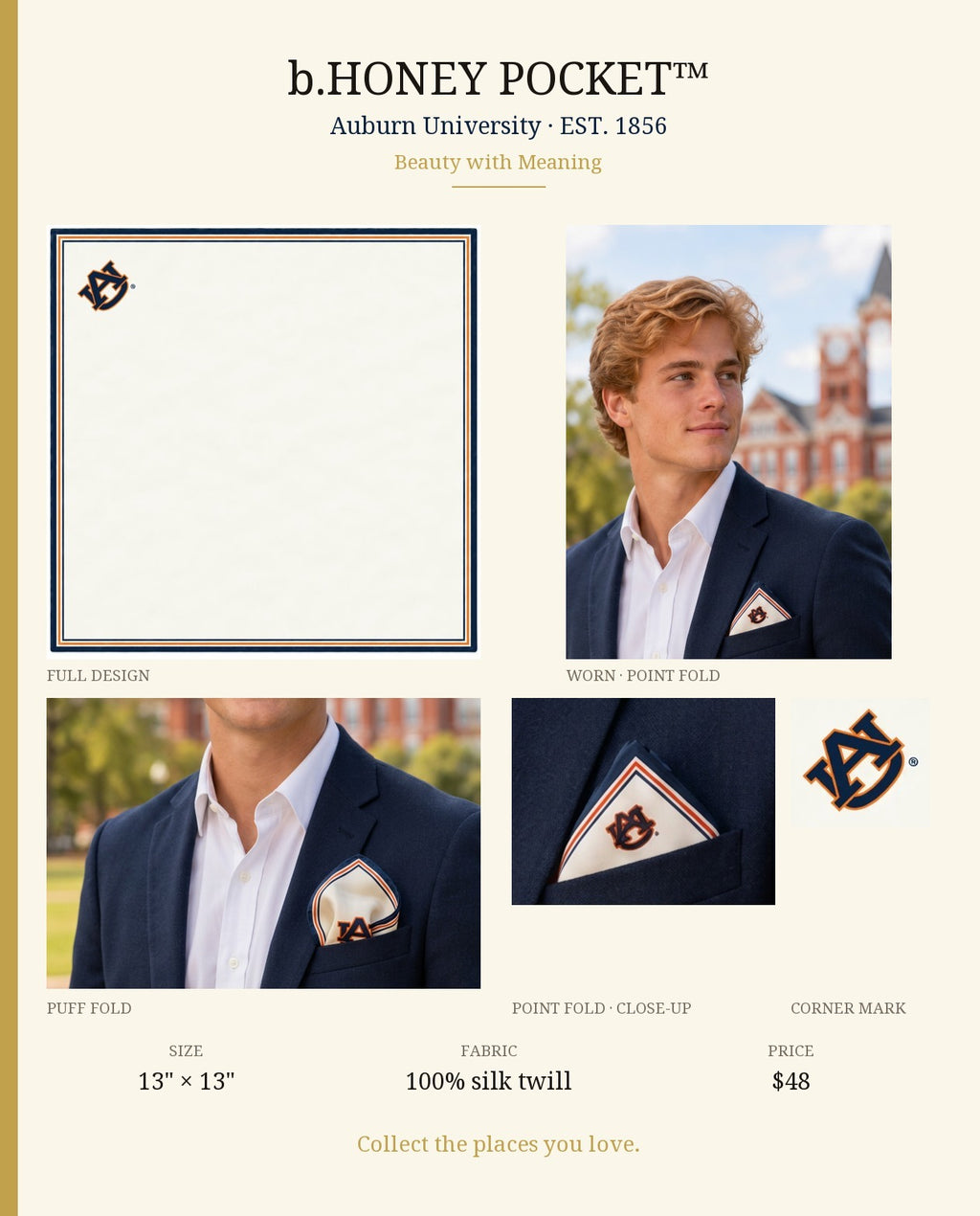 Auburn b.Honey Pocket product board: full design, point fold, puff fold, close-up and corner mark