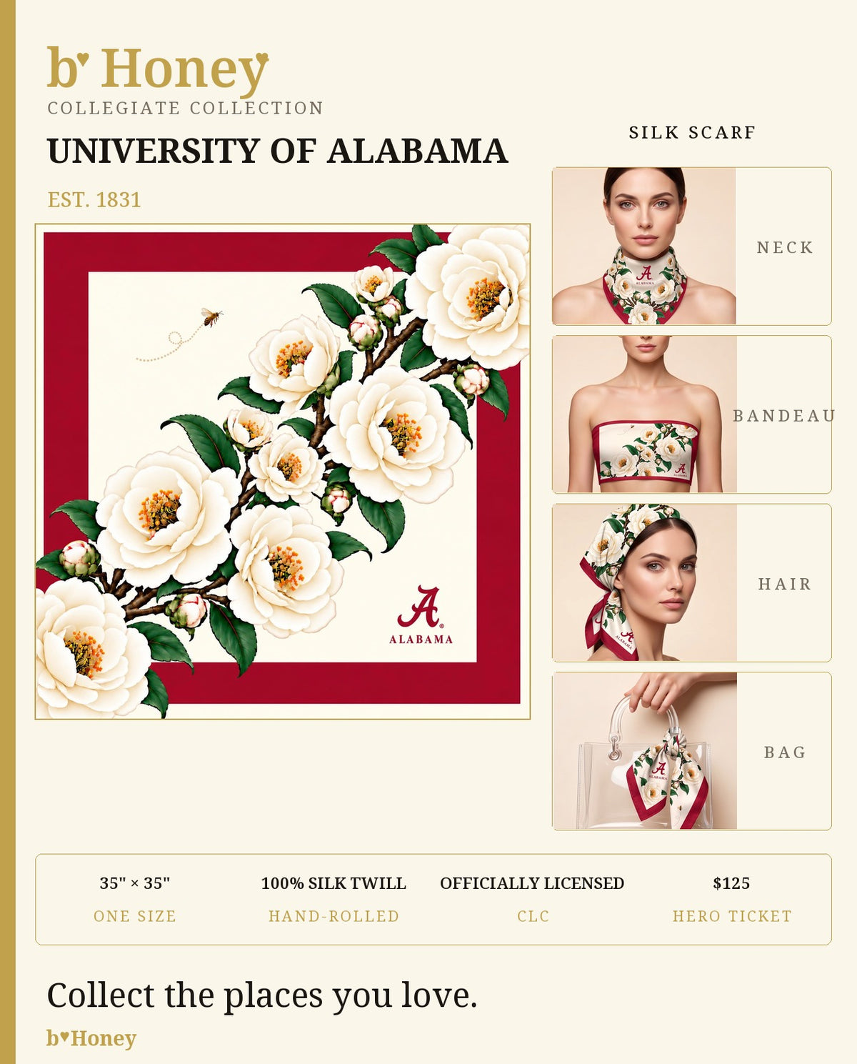 Alabama Honey Scarf product board with neck, bandeau, hair and bag styling