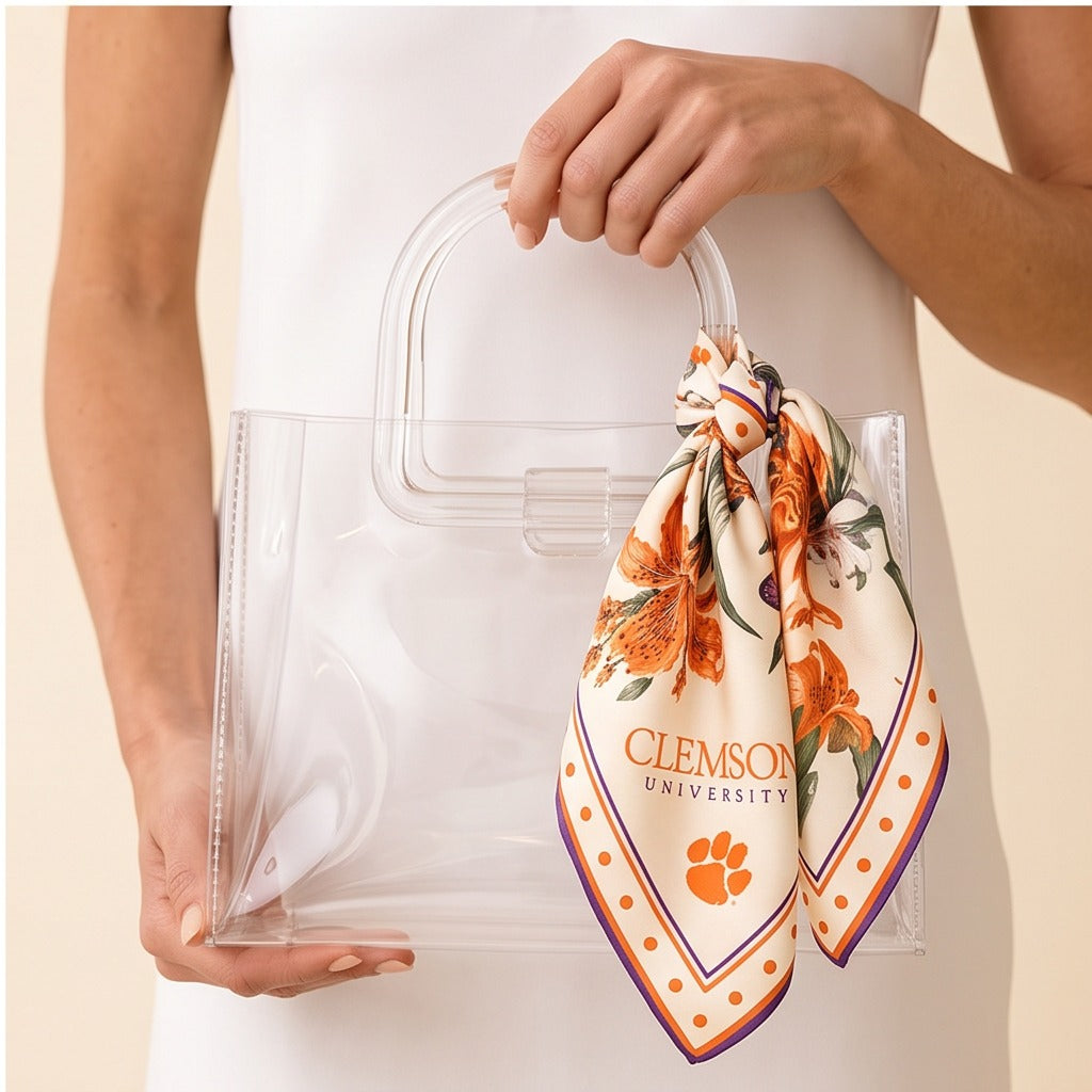 Clemson University Honey Scarf on lucite handle bag