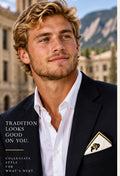 Male model wearing the Honey Pocket University of Colorado silk pocket square