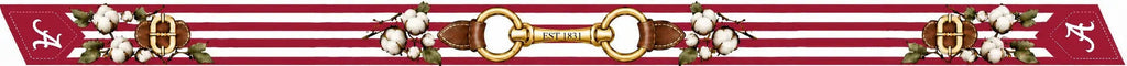 b.Honey Ribbon: University of Alabama flat artwork — crimson and white stripes, cotton blossoms, gold horse-bit marked Est. 1831, script A on each end