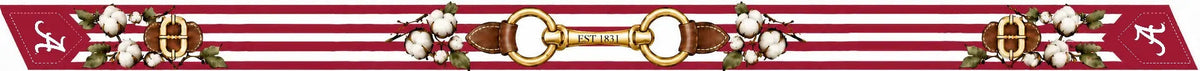 b.Honey Ribbon: University of Alabama flat artwork — crimson and white stripes, cotton blossoms, gold horse-bit marked Est. 1831, script A on each end