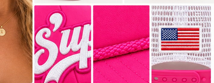 Close-up of the S'up puff embroidery, braided rope brim and flag patch on the Honey Lid