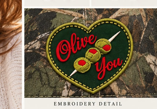 Olive You heart patch embroidery detail