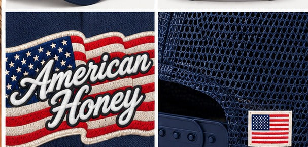 Close-up details of the American Honey embroidery and breathable navy mesh