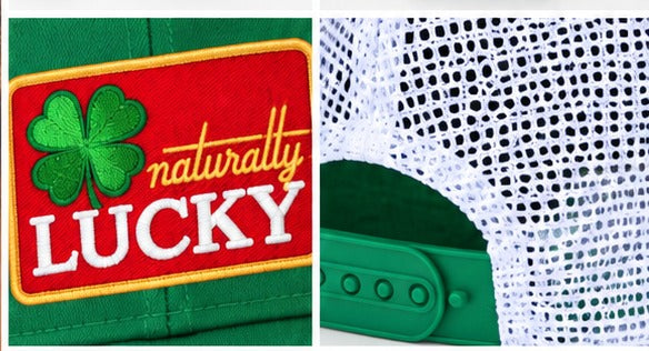 Naturally Lucky shamrock patch embroidery detail