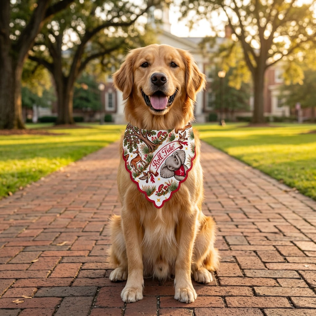 Golden retriever wearing the Alabama b.Honey Paw on a brick campus walkway