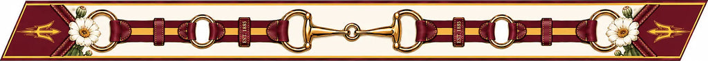 Honey Ribbon: Arizona State University flat artwork — maroon and gold stripe, gold horse-bit hardware, saguaro blossoms, EST. 1885, pitchfork ends