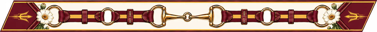 Honey Ribbon: Arizona State University flat artwork — maroon and gold stripe, gold horse-bit hardware, saguaro blossoms, EST. 1885, pitchfork ends