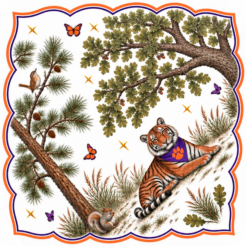 Honey Paw: Clemson University flat artwork: tiger in a purple paw bandana beneath oak and pine, butterflies, gold stars, scalloped orange and purple border