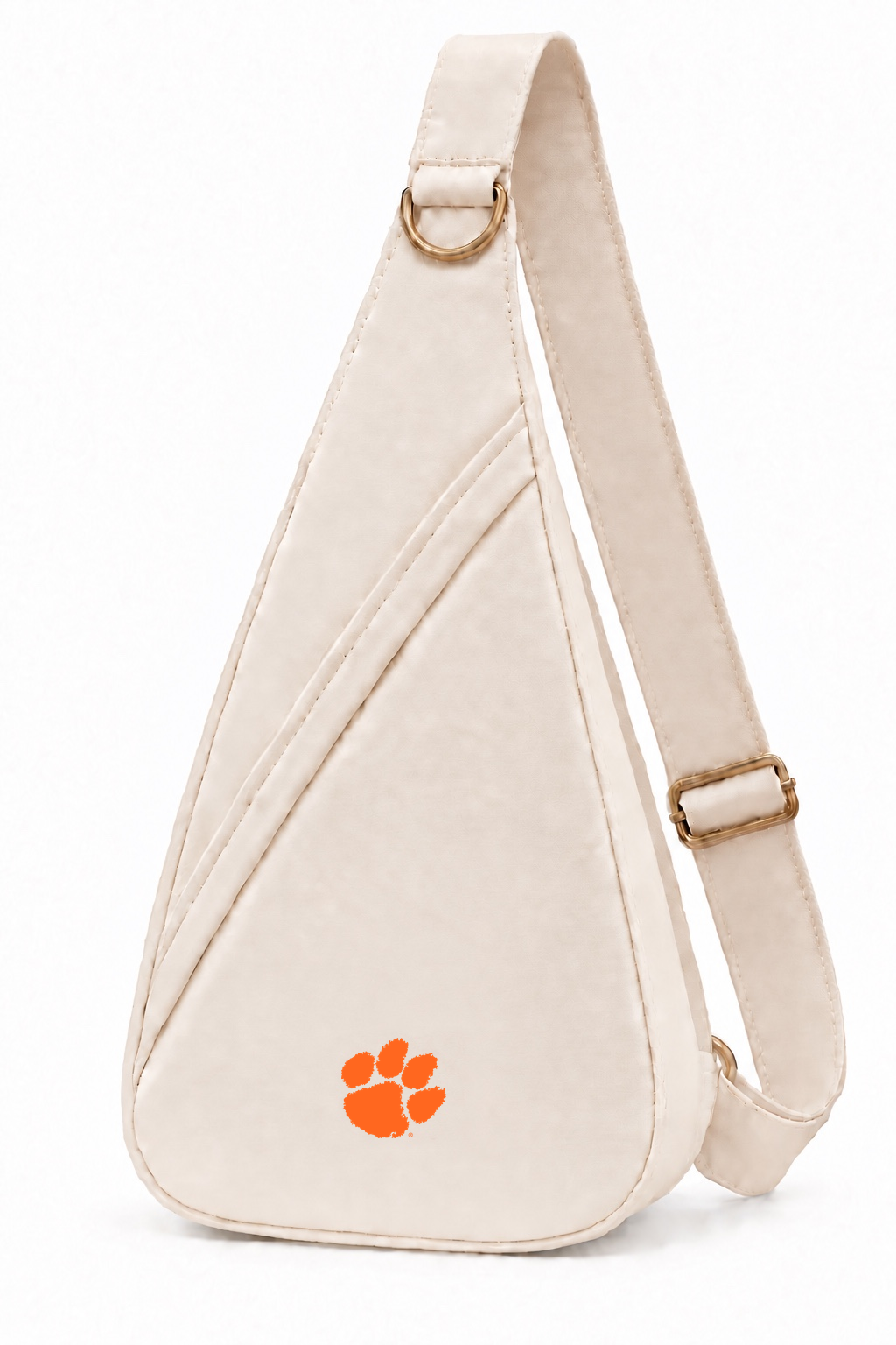 Cream Honey Sling with antique brass hardware and the orange Clemson tiger paw