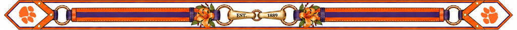 Clemson University silk ribbon artwork with gold bit reading Est. 1889, tiger lilies and tiger paw ends