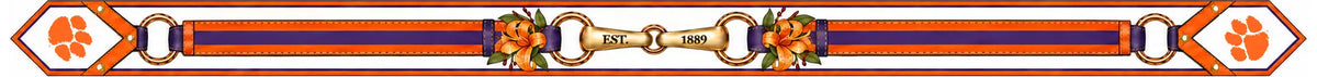 Clemson University silk ribbon artwork with gold bit reading Est. 1889, tiger lilies and tiger paw ends