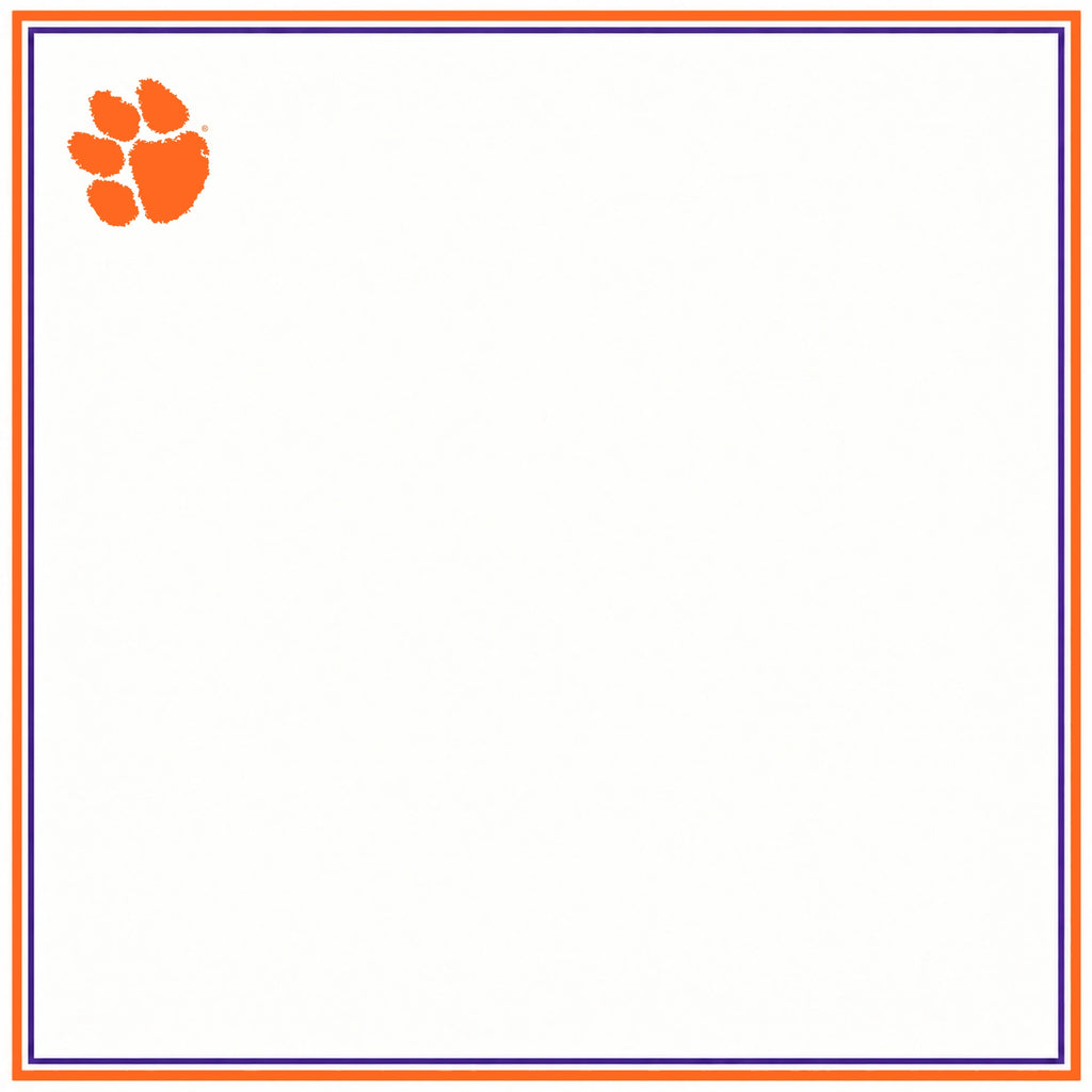 Clemson University silk pocket square: white ground, orange outer edge, purple inner line, orange tiger paw in the corner